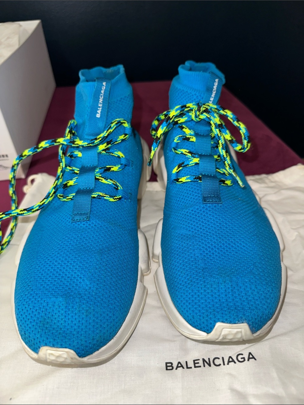 Balenciaga Turquoise Knit Speed Trainer Sneakers with Neon Laces - Picture 3 of 13